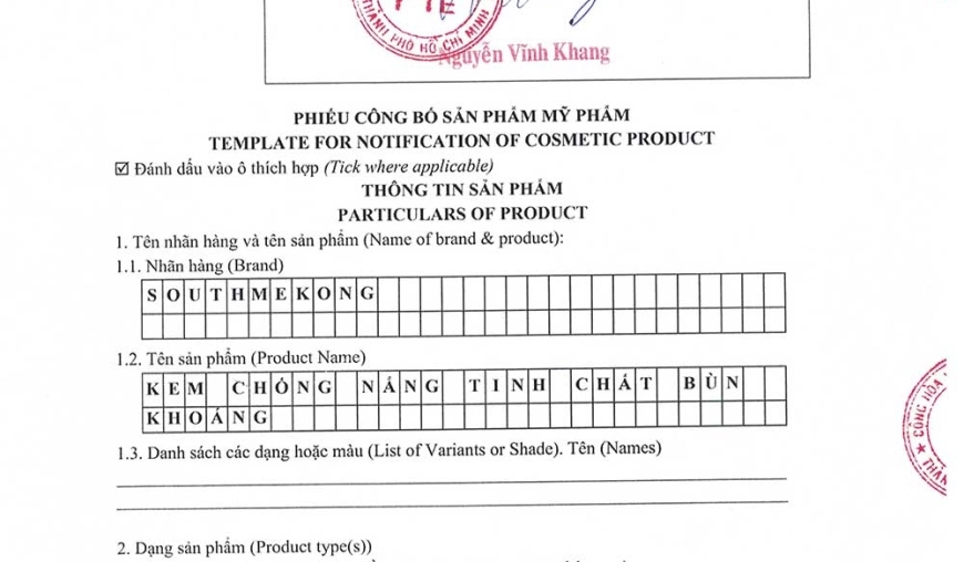 PHIẾU CÔNG BỐ SẢN PHẨM MỸ PHẨM - KEM CHỐNG NẮNG TINH CHẤT BÙN KHOÁNG - NHÃN HÀNG SOUTH MEKONG LƯU HÀNH TRONG NƯỚC