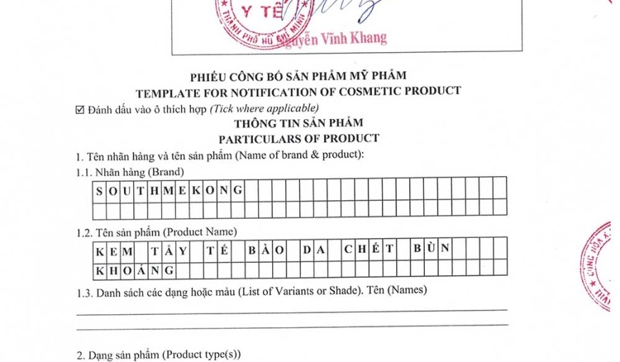 PHIẾU CÔNG BỐ SẢN PHẨM MỸ PHẨM - KEM TẨY TẾ BÀO DA CHẾT BÙN KHOÁNG - NHÃN HÀNG SOUTH MEKONG LƯU HÀNH TRONG NƯỚC