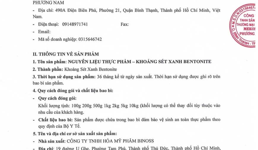 PHIẾU TỰ CÔNG BỐ SẢN PHẨM: NGUYÊN LIỆU THỰC PHẨM - KHOÁNG ĐA VI LƯỢNG (BENTONITE) - NHÃN HÀNG SOUTH MEKONG LƯU HÀNH TRONG NƯỚC